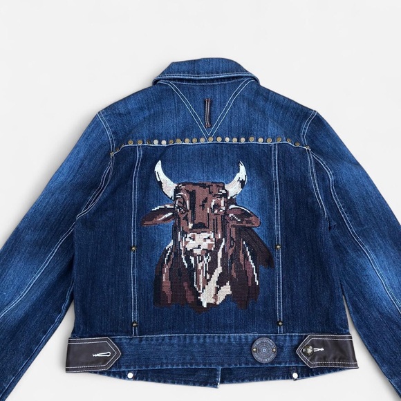 RARE Double D Ranch Bull Denim Leather Patchwork Jacket Western Blue Brown Rodeo - Picture 2 of 11